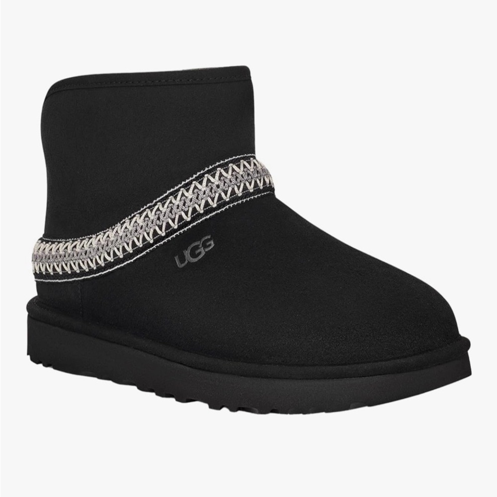 NEW UGG Classic Mini Crescent Suede Boot Women Size 8 Black White Embroidered